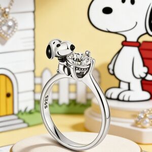 Snoopy "Love & Brilliance" 3D Sculpted S925 Sterling Silver Ring Size 6